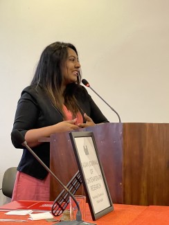 Photographer: Dr. Thulitha Wickrama Ms. Ishani Kariyawasam, Department Head of Psychology, SLTC Research University, Sri Lanka, makes a presentation on intimate partner violence and mental health.