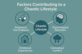Infographic showing four main contributors to chaotic lifestyles—substance use problems, psychological disorders, childhood experiences, and unresolved conflict—connected to a central circle labeled “Chaotic Lifestyle