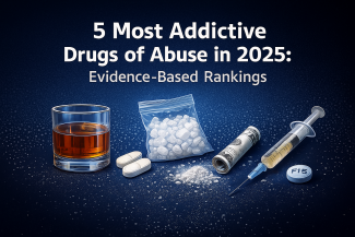 "Infographic showing alcohol, benzodiazepines, methamphetamine, cocaine, and heroin/fentanyl as the five most addictive drugs of abuse in 2025