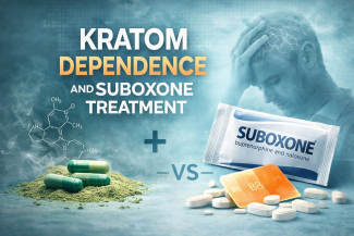Educational illustration comparing kratom (7-hydroxymitragynine) and Suboxone-style medication in the context of dependence and treatment planning.