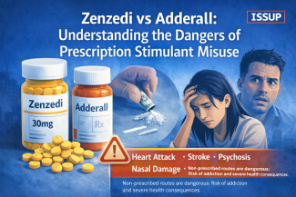 Zenzedi vs Adderall infographic showing pill bottles and warning signs for stimulant misuse dangers including heart attack, stroke, psychosis, and nasal damage​​​​​​​​​​​​​​​​
