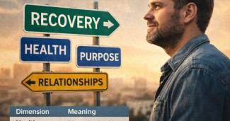 Recovery definition in addiction treatment depicted by a man looking at road signs pointing toward recovery health purpose and relationships representing SAMHSA four dimensions of recovery