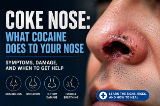 Coke nose symptoms including nasal irritation, nosebleeds, septum damage, tissue death, and nasal collapse caused by chronic cocaine use