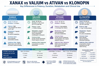Medical comparison chart of Xanax vs Valium vs Ativan vs Klonopin detailing onset time, half-life, potency equivalency, and withdrawal risk.