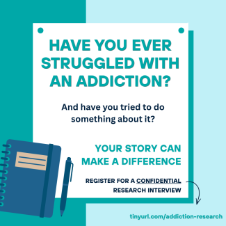 Poster recruiting participants for interviews on addiction recovery