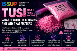 Tusi ("Pink Cocaine") infographic showing that most samples contain ketamine and MDMA rather than 2C-B or cocaine, highlighting the risks of unpredictable drug mixtures and polysubstance exposure.