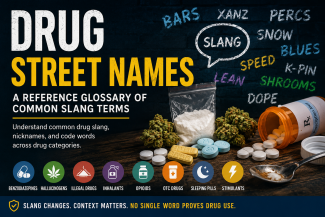 Illustration for a drug street names glossary featuring common slang terms such as bars, snow, lean, shrooms, and percs alongside representative pills and powders. The graphic highlights common drug slang across benzodiazepines, opioids, stimulants, hallucinogens, inhalants, OTC drugs, and other substances, emphasizing that slang changes over time and that no single word confirms drug use.