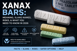 Infographic showing Xanax bars in white, yellow, green, and blue with information about common street slang, risks of misuse, counterfeit pill dangers, and treatment resources for alprazolam in 2026.