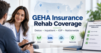 Healthcare professional helping a patient review GEHA insurance rehab coverage for detox, inpatient treatment, IOP programs, and nationwide addiction treatment options.