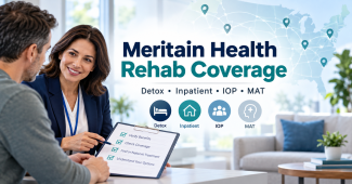 Healthcare advisor helping a patient review Meritain Health rehab coverage for detox, inpatient treatment, IOP, MAT, and insurance benefit verification.