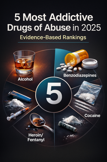 Infographic showing alcohol, benzodiazepines, methamphetamine, cocaine, and heroin/fentanyl as the five most addictive drugs of abuse in 2025