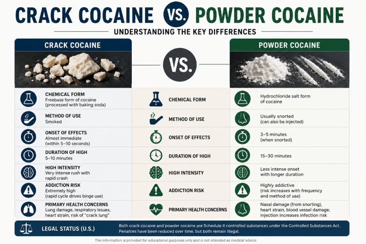 Infographic comparing crack cocaine and powder cocaine, including chemical form, method of use, onset of effects, duration of high, addiction risk, health consequences, and legal status.