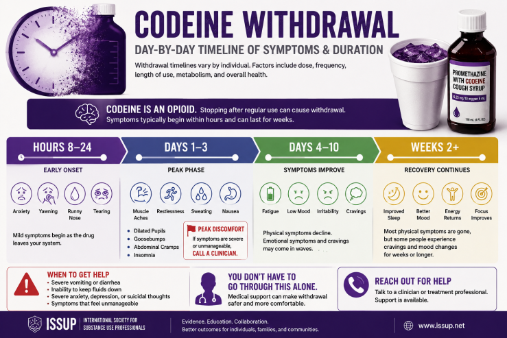Day-by-day infographic showing codeine withdrawal symptoms from hours 8–24 through weeks 2+, including peak discomfort and when to call a clinician.
