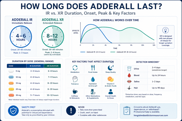 Infographic comparing Adderall IR and XR duration, onset, peak effects, dose ranges, factors that affect how long Adderall lasts, and general detection windows.
