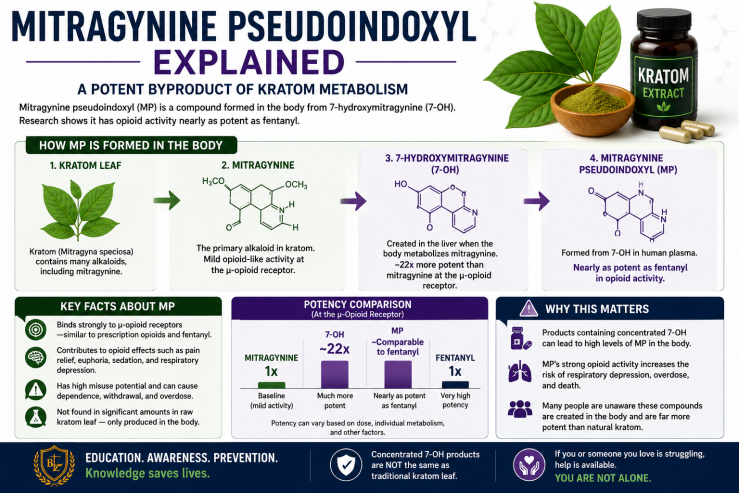 Infographic explaining mitragynine pseudoindoxyl (MP), showing how kratom is metabolized into mitragynine, 7-hydroxymitragynine (7-OH), and mitragynine pseudoindoxyl, with potency comparisons, health risks, and public health implications.