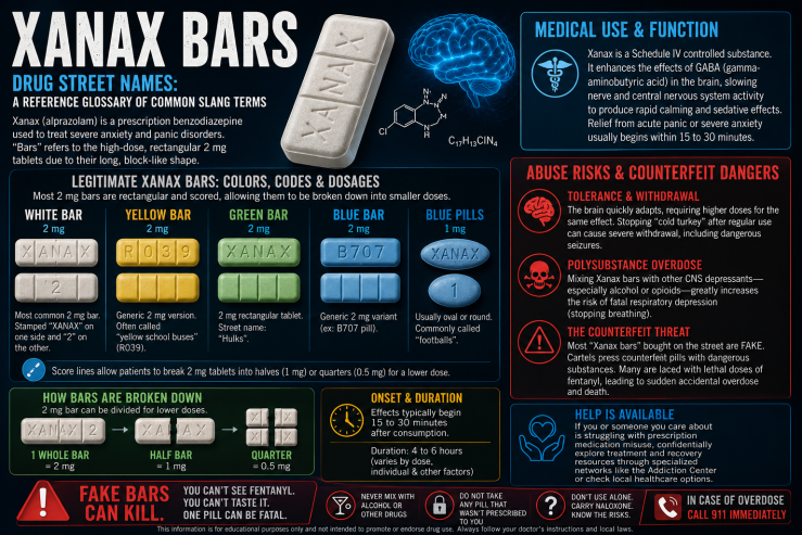 Educational infographic about Xanax bars (alprazolam), explaining common street names, legitimate pill colors and dosages, medical uses, counterfeit pill dangers, overdose risks, and benzodiazepine safety information