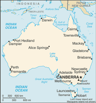 Political map of Australia Country Profile showing major cities.
